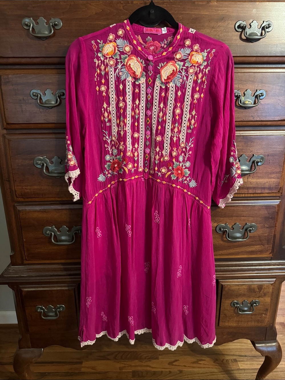 Johnny Was Fuchsia Embroidered Midi Dress